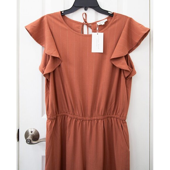 Bluivy Dusty Pink Pinstripe Wide Leg Jumpsuit With Ruffle Cap Sleeve, size L - Picture 2 of 7